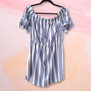 Indulge Blue & White Striped Off Shoulder Mini Dre